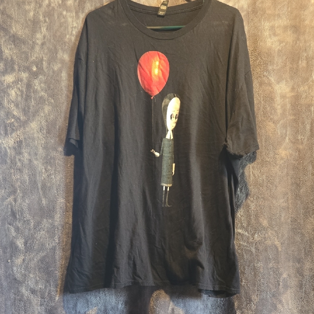 Gildan Black Wednesday Addams Cartoon Tee with Red Balloon Graphic